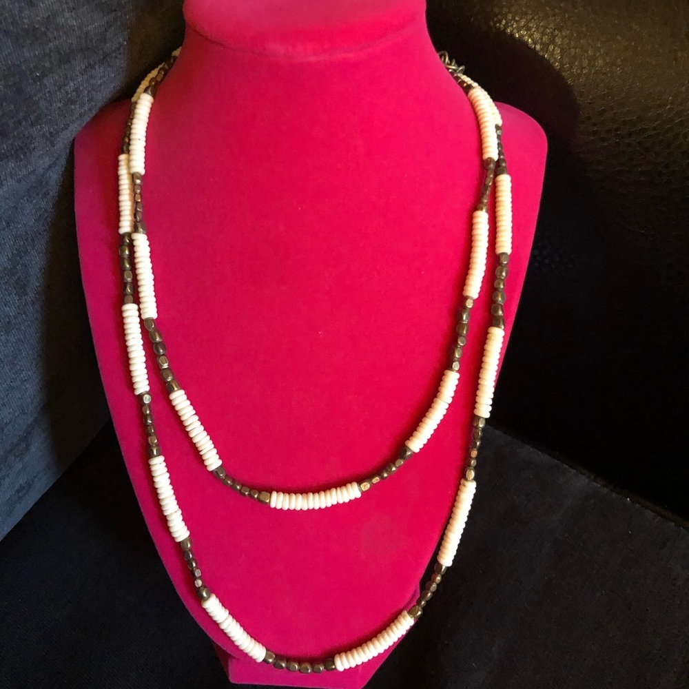 Cream & Bronze Beaded Long Necklace | Layered / Convertible Statement Jewelry - Picture 2 of 5